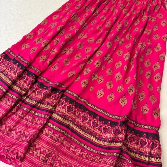 Easybuy Fuchsia Pink Gold Block Print Tassel Maxi Skirt Womens XL Boho Rayon - Picture 7 of 8